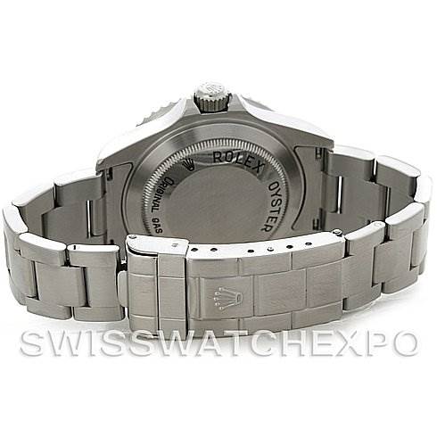 The image shows the reverse side of a Rolex Sea-Dweller 16600 Men's Stainless Steel Black Dial 16600 Men's Stainless Steel Black Dial watch, highlighting the stainless steel case back and bracelet clasp.