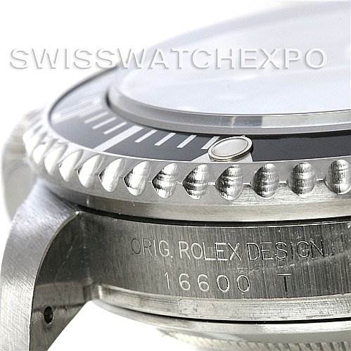 The image shows a close-up of the side profile of a Rolex Sea-Dweller 16600 Men's Stainless Steel Black Dial 16600 Men's Stainless Steel Black Dial, focusing on the bezel, case, and the engraved model number 16600.