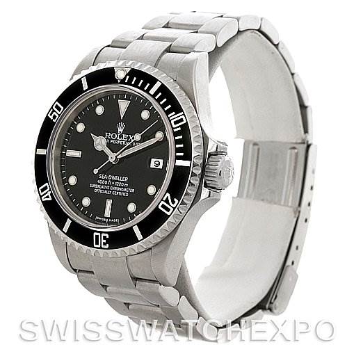 This image shows a Rolex Sea-Dweller 16600 Men's Stainless Steel Black Dial 16600 Men's Stainless Steel Black Dial watch from a front angled view, highlighting the dial, bezel, and bracelet.