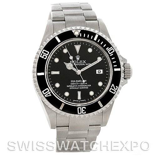 This image shows a front view of a Rolex Sea-Dweller 16600 Men's Stainless Steel Black Dial 16600 Men's Stainless Steel Black Dial watch, highlighting its face, bezel, and stainless steel bracelet.