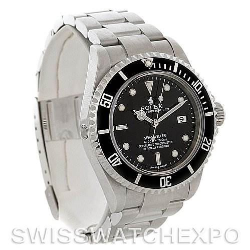 The image shows a Rolex Sea-Dweller 16600 Men's Stainless Steel Black Dial 16600 Men's Stainless Steel Black Dial watch from a slight side angle, highlighting the dial, bezel, and metal bracelet.