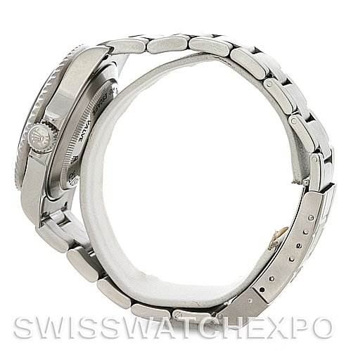 The image shows a side angle of the Rolex Sea-Dweller 16600 Men's Stainless Steel Black Dial 16600 Men's Stainless Steel Black Dial watch, highlighting the stainless steel case, crown, and bracelet.