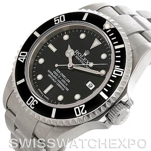 This image shows a Rolex Sea-Dweller 16600 Men's Stainless Steel Black Dial 16600 Men's Stainless Steel Black Dial watch viewed from an angled perspective, highlighting the face, bezel, crown, and bracelet.