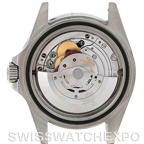 The image shows the back view of a Rolex Sea-Dweller 16600 Men's Stainless Steel Black Dial 16600 Men's Stainless Steel Black Dial watch, with its internal mechanical movement visible.