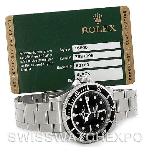 The image shows a Rolex Sea-Dweller 16600 Men's Stainless Steel Black Dial 16600 Men's Stainless Steel Black Dial watch at a slight front-angle with its warranty card displayed behind it.