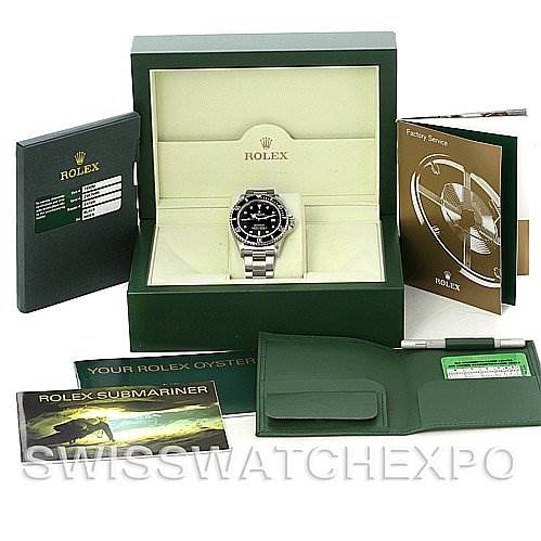 The image shows a Rolex Sea-Dweller 16600 Men's Stainless Steel Black Dial 16600 Men's Stainless Steel Black Dial watch and its accessories, including the watch box, manuals, and warranty card, displayed from a top-down angle.