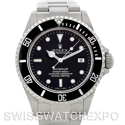 The image shows a front view of a Rolex Sea-Dweller 16600 Men's Stainless Steel Black Dial 16600 Men's Stainless Steel Black Dial watch displaying the face, bezel, and part of the bracelet.