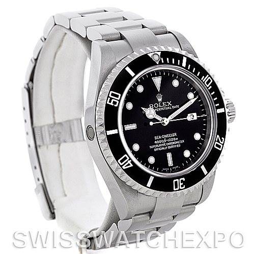 The image shows the front and left side view of a Rolex Sea-Dweller 16600 Men's Stainless Steel Black Dial 16600 Men's Stainless Steel Black Dial watch, highlighting its dial, bracelet, and bezel.