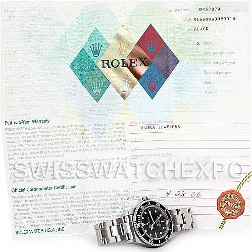 The image shows a Rolex Sea-Dweller 16600 Men's Stainless Steel Black Dial 16600 Men's Stainless Steel Black Dial watch placed on its side along with its official warranty and chronometer certification.