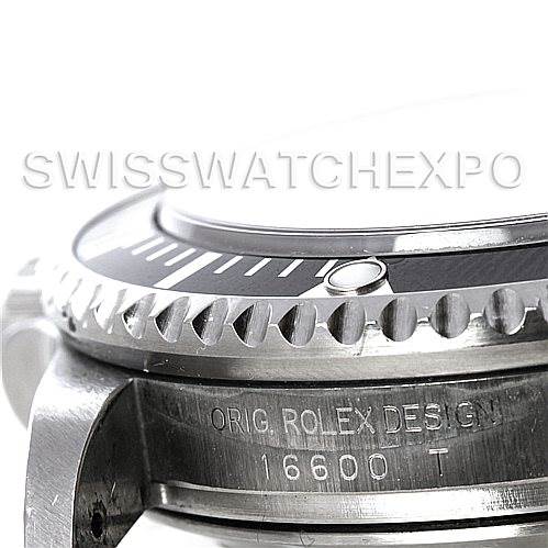 This image shows a close-up angle of the side of a Rolex Sea-Dweller 16600 Men's Stainless Steel Black Dial 16600 Men's Stainless Steel Black Dial watch, highlighting the bezel, part of the lugs, and the case engraving.