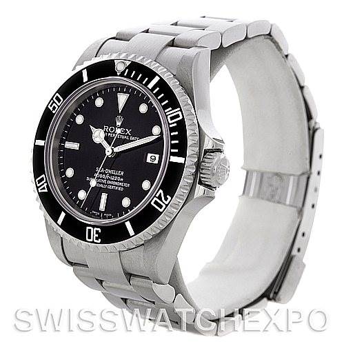 This image shows a Rolex Sea-Dweller 16600 Men's Stainless Steel Black Dial 16600 Men's Stainless Steel Black Dial watch angled to display the face, bezel, crown, and bracelet.