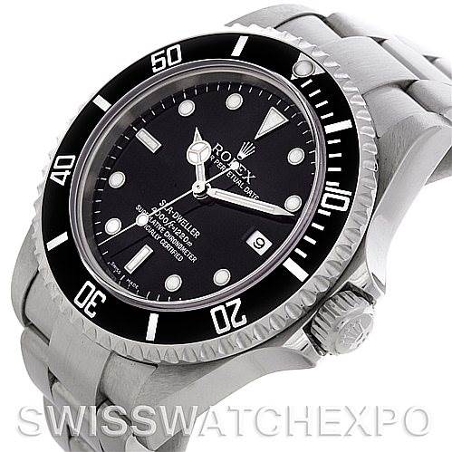 This image shows a Rolex Sea-Dweller 16600 Men's Stainless Steel Black Dial 16600 Men's Stainless Steel Black Dial watch at an angled view highlighting its bezel, dial, and bracelet.