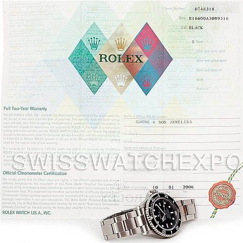The image shows a Rolex Sea-Dweller 16600 Men's Stainless Steel Black Dial 16600 Men's Stainless Steel Black Dial watch positioned in front of its certification papers from SwissWatchExpo.
