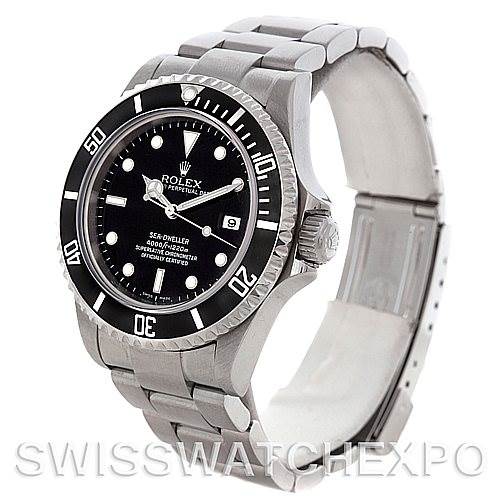 The image shows a Rolex Sea-Dweller 16600 Men's Stainless Steel Black Dial 16600 Men's Stainless Steel Black Dial watch from a three-quarter angle, highlighting its bezel, dial, and bracelet.