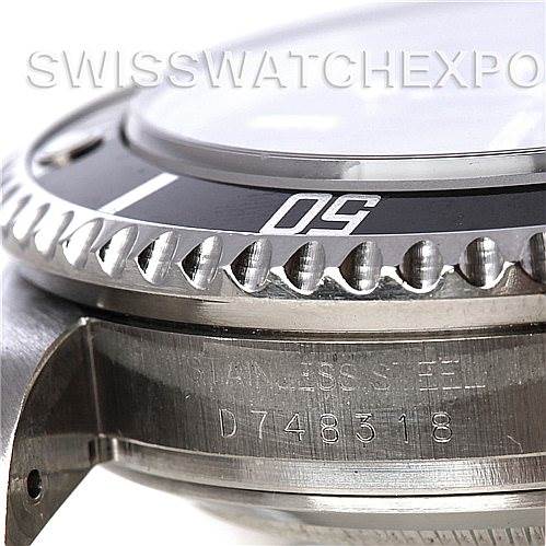 This close-up angle shows the case side and bezel detailing of a Rolex Sea-Dweller 16600 Men's Stainless Steel Black Dial 16600 Men's Stainless Steel Black Dial, including its serial number.