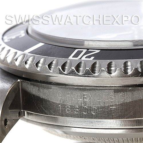 The image shows a close-up side view of a Sea-Dweller model by Rolex, highlighting the bezel and part of the case with the model number 16600.