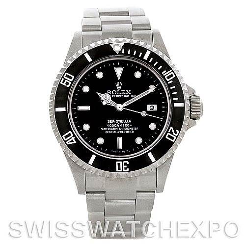 This image shows the front view of a Rolex Sea-Dweller 16600 Men's Stainless Steel Black Dial 16600 Men's Stainless Steel Black Dial watch, highlighting its bracelet, bezel, and dial.