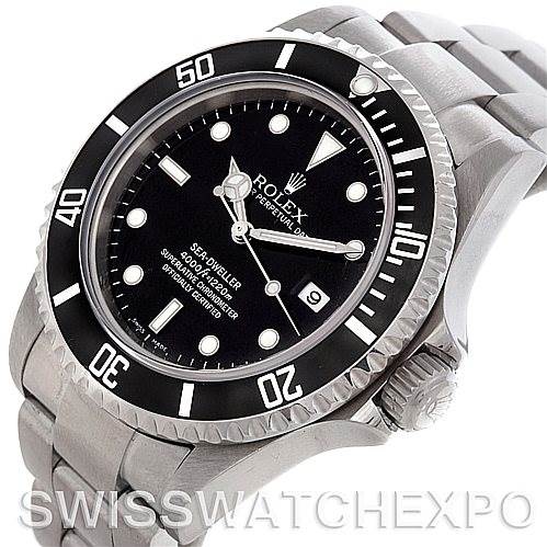 The image shows a close-up, angled view of the Rolex Sea-Dweller 16600 Men's Stainless Steel Black Dial 16600 Men's Stainless Steel Black Dial watch, highlighting the dial, bezel, crown, and bracelet.