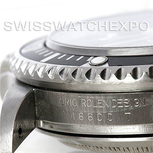 The image shows the side view of a Rolex Sea-Dweller 16600 Men's Stainless Steel Black Dial 16600 Men's Stainless Steel Black Dial, highlighting the bezel and the engraved model number 16600T.