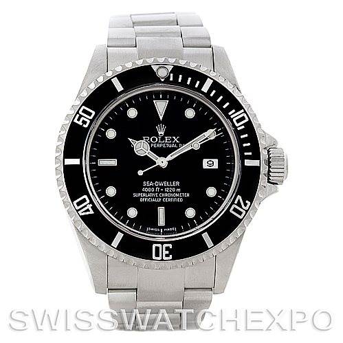 The image shows a front view of a Rolex Sea-Dweller 16600 Men's Stainless Steel Black Dial 16600 Men's Stainless Steel Black Dial watch, displaying the dial, bezel, and bracelet.