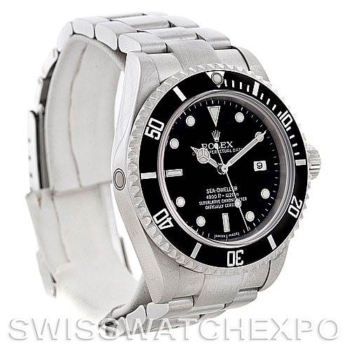 The image shows a three-quarter angled view of a Rolex Sea-Dweller 16600 Men's Stainless Steel Black Dial 16600 Men's Stainless Steel Black Dial watch, highlighting the dial, bezel, case, and bracelet.