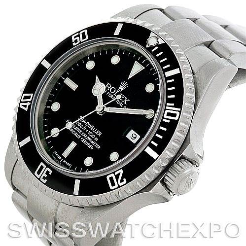 The image shows a close-up angled view of a Rolex Sea-Dweller 16600 Men's Stainless Steel Black Dial 16600 Men's Stainless Steel Black Dial watch, focusing on the dial, bezel, and part of the bracelet.