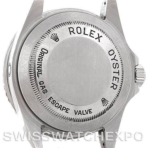 The image shows the case back and part of the side of a Rolex Sea-Dweller 16600 Men's Stainless Steel Black Dial 16600 Men's Stainless Steel Black Dial watch, featuring the "Original Gas Escape Valve" and "Rolex Oyster" engravings.
