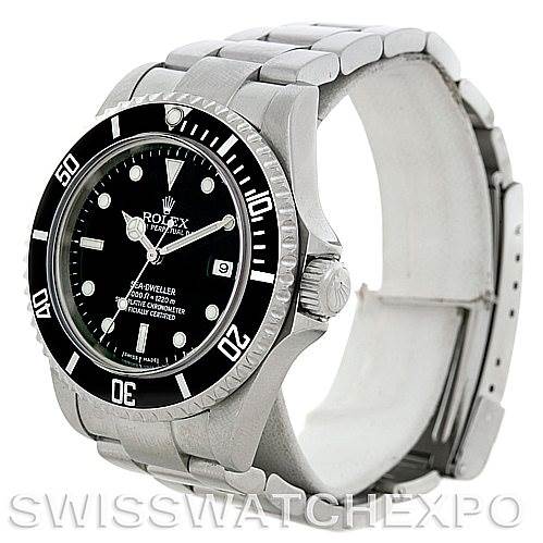 The image shows a Rolex Sea-Dweller 16600 Men's Stainless Steel Black Dial 16600 Men's Stainless Steel Black Dial watch from a front-side angle, highlighting its bezel, dial, and bracelet.