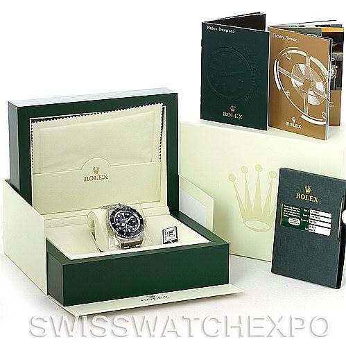The image shows a Rolex Sea-Dweller 116660BKSO Men's Stainless Steel Black Dial 116660BKSO Men's Stainless Steel Black Dial watch in its box along with various manuals and warranty documents.