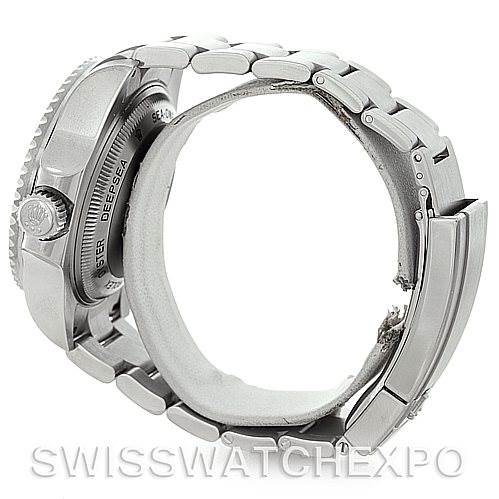 The image shows a side view of a Rolex Sea-Dweller 116660BKSO Men's Stainless Steel Black Dial 116660BKSO Men's Stainless Steel Black Dial watch, highlighting the bracelet, clasp, and case.