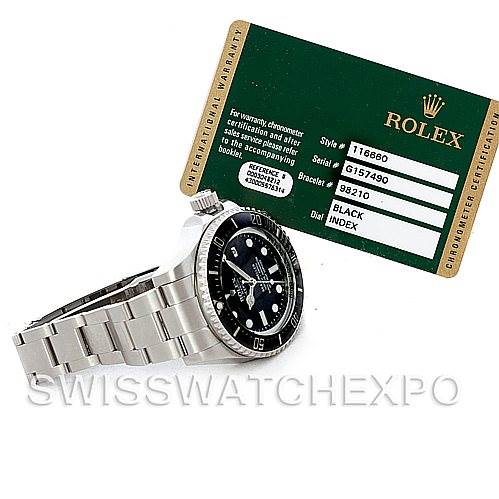 The image shows a side angle of a Rolex Sea-Dweller 116660BKSO Men's Stainless Steel Black Dial 116660BKSO Men's Stainless Steel Black Dial watch alongside its certification card.
