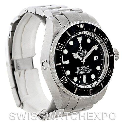 The image shows a side and front angle of the Rolex Sea-Dweller 116660BKSO Men's Stainless Steel Black Dial 116660BKSO Men's Stainless Steel Black Dial watch, highlighting the case, bezel, dial, and bracelet.