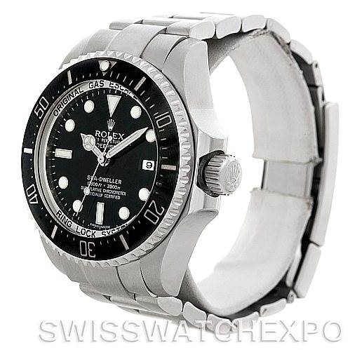 The image shows a side angle of the Rolex Sea-Dweller 116660BKSO Men's Stainless Steel Black Dial 116660BKSO Men's Stainless Steel Black Dial watch, highlighting the dial, bezel, case, and bracelet.
