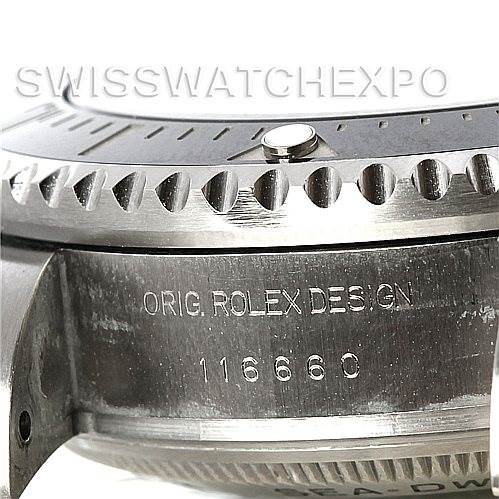 This image shows a close-up of the side of a Rolex Sea-Dweller 116660BKSO Men's Stainless Steel Black Dial 116660BKSO Men's Stainless Steel Black Dial watch, highlighting the model number and Original Rolex Design engraving.