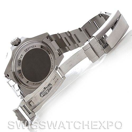 The image shows the back case and bracelet of a Rolex Sea-Dweller 116660BKSO Men's Stainless Steel Black Dial 116660BKSO Men's Stainless Steel Black Dial watch with the clasp open, providing a view of the Oystersteel bracelet and case back.