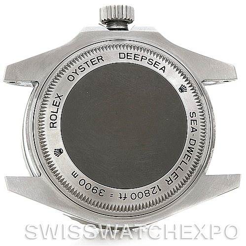 This image shows the back case of a Rolex Sea-Dweller 116660BKSO Men's Stainless Steel Black Dial 116660BKSO Men's Stainless Steel Black Dial watch, displaying its markings and crown from a straight-on angle.