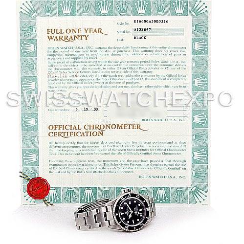 The image shows a Rolex Sea-Dweller 16600 Men's Stainless Steel Black Dial 16600 Men's Stainless Steel Black Dial watch placed in front of its full one-year warranty and official chronometer certification.