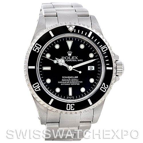 The image shows a front view of a Rolex Sea-Dweller 16600 Men's Stainless Steel Black Dial 16600 Men's Stainless Steel Black Dial watch, displaying the face, bezel, and part of the bracelet.
