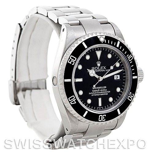 The image shows a side view of a Rolex Sea-Dweller 16600 Men's Stainless Steel Black Dial 16600 Men's Stainless Steel Black Dial watch, displaying the face, bezel, and bracelet.