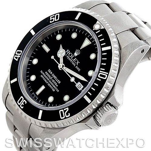 The image shows a Rolex Sea-Dweller 16600 Men's Stainless Steel Black Dial 16600 Men's Stainless Steel Black Dial watch from an angled top view, highlighting the bezel, dial, crown, and bracelet.