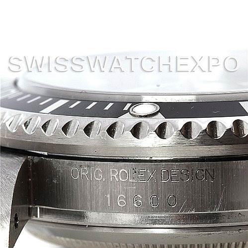 This image shows a close-up angle of the Rolex Sea-Dweller 16600 Men's Stainless Steel Black Dial 16600 Men's Stainless Steel Black Dial model, highlighting the bezel, case, and engraving with the model number 16600.