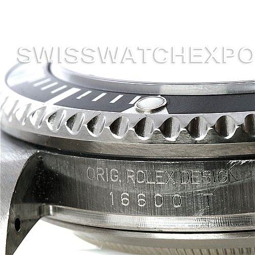 This close-up angle of the Rolex Sea-Dweller 16600 Men's Stainless Steel Black Dial 16600 Men's Stainless Steel Black Dial watch shows the side of the bezel, case, and model number 16600.