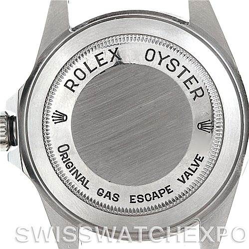 This image shows the case back of a Rolex Sea-Dweller 16600 Men's Stainless Steel Black Dial 16600 Men's Stainless Steel Black Dial watch, featuring engravings and part of the crown on the left.