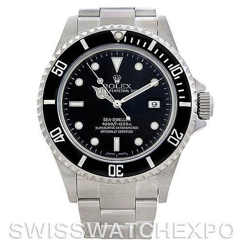 This image shows a front view of the Rolex Sea-Dweller 16600 Men's Stainless Steel Black Dial 16600 Men's Stainless Steel Black Dial watch, including the dial, bezel, bracelet, and crown.
