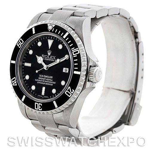 The Rolex Sea-Dweller 16600 Men's Stainless Steel Black Dial 16600 Men's Stainless Steel Black Dial watch is shown at an angle displaying the face, bezel, crown, and bracelet.