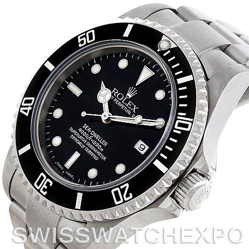 This image shows a close-up of the Rolex Sea-Dweller 16600 Men's Stainless Steel Black Dial 16600 Men's Stainless Steel Black Dial, highlighting the black dial, bezel, crown, and part of the metal bracelet.