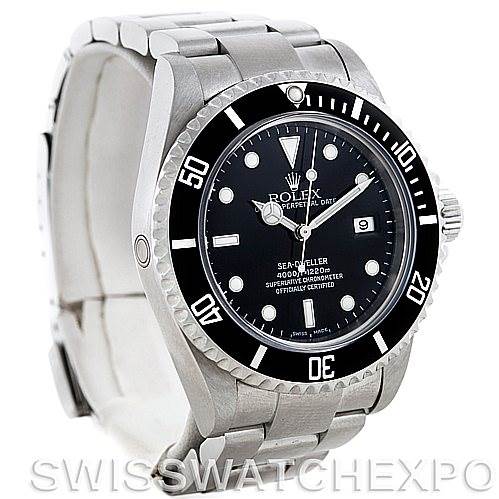 The image shows a Rolex Sea-Dweller 16600 Men's Stainless Steel Black Dial 16600 Men's Stainless Steel Black Dial watch at a slight angle, highlighting its dial, bezel, case, and stainless steel bracelet.