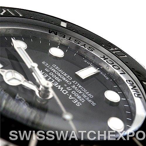 This image shows a close-up of the dial and bezel of a Rolex Sea-Dweller 116660 Men
s Stainless Steel Black Dial 116660 Men
s Stainless Steel Black Dial watch, highlighting the "Ring Lock System" text.
