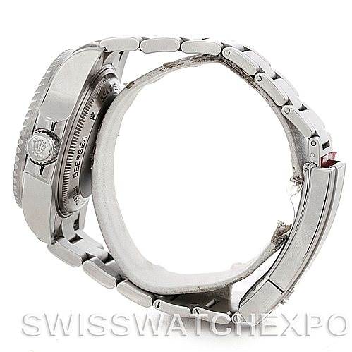 The image shows a Rolex Sea-Dweller 116660 Men
s Stainless Steel Black Dial 116660 Men
s Stainless Steel Black Dial watch from a side angle, highlighting the bracelet, case, and side crown.