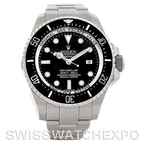 This image shows a frontal view of the Rolex Sea-Dweller 116660 Men
s Stainless Steel Black Dial 116660 Men
s Stainless Steel Black Dial watch, featuring its dial, bezel, and bracelet.